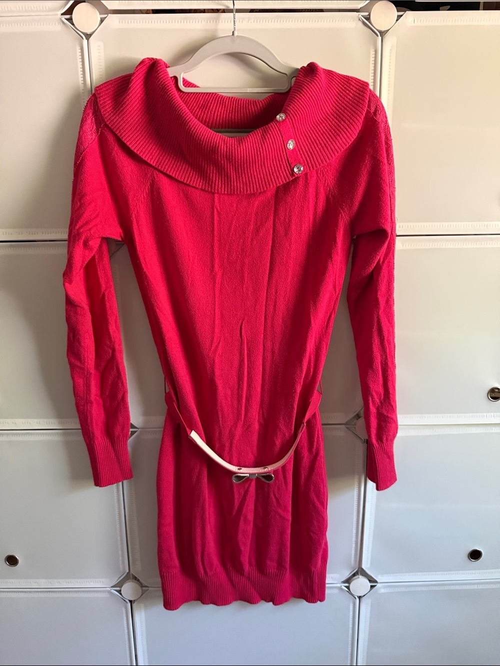 Pink Sweater Dress with Bow Belt